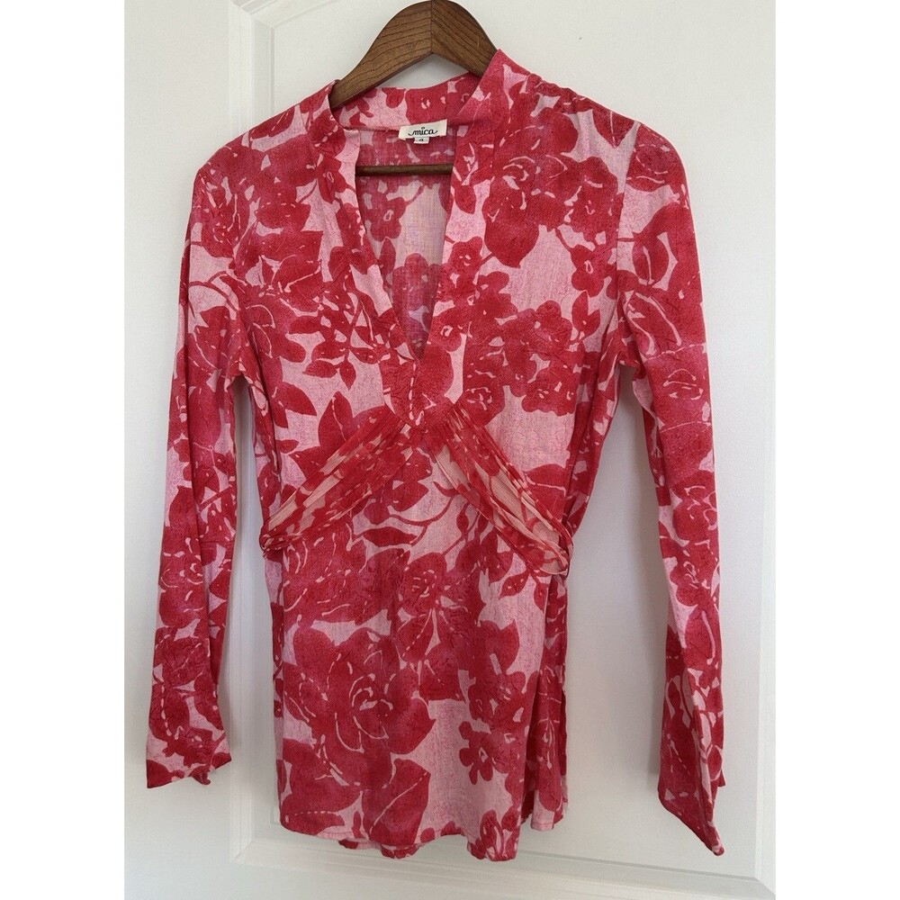 Mica Womens Tunic SZ 4 Linen Pink Floral Silk Waist Tie Y2k Romantic Valentines